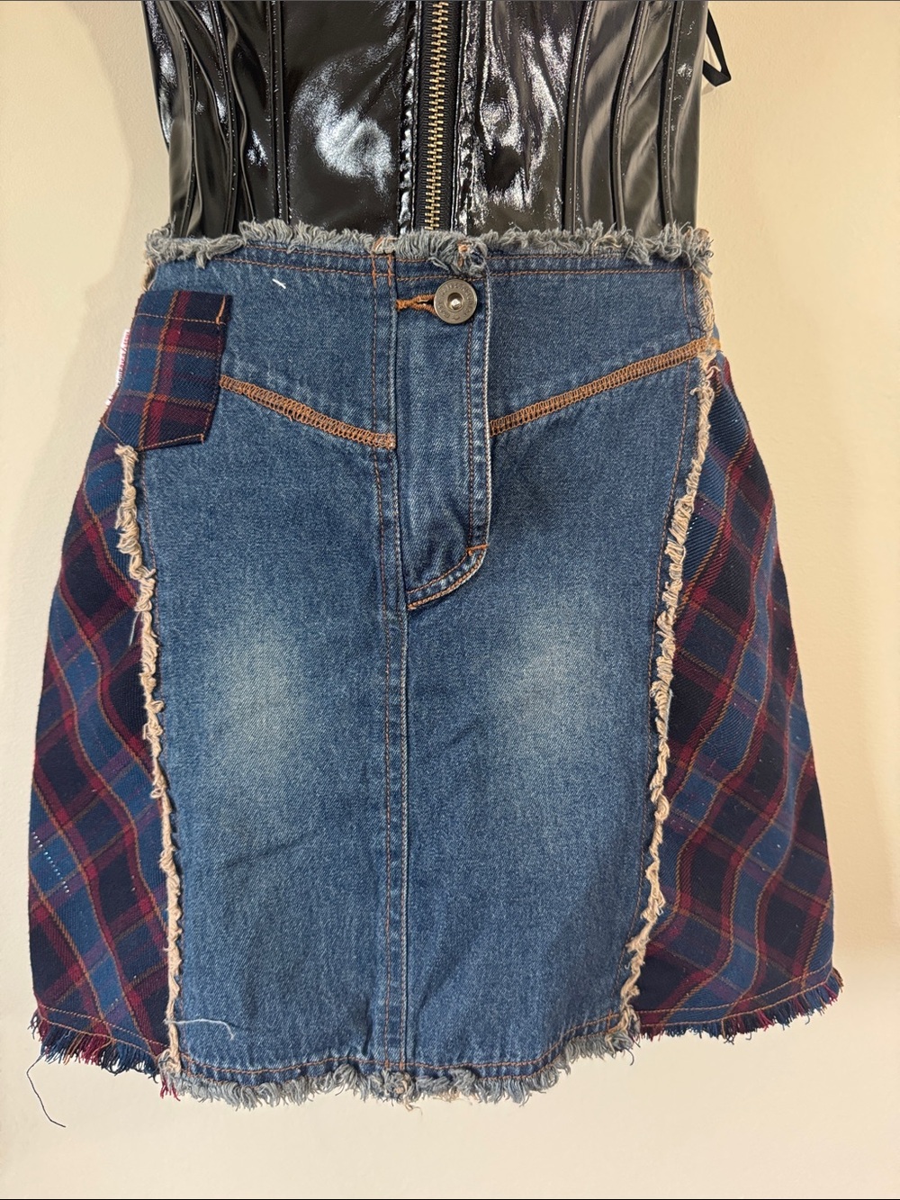 Y2K Mary Kate & Ashley Early 2000s Patchwork Denim & Plaid Mini Skirt